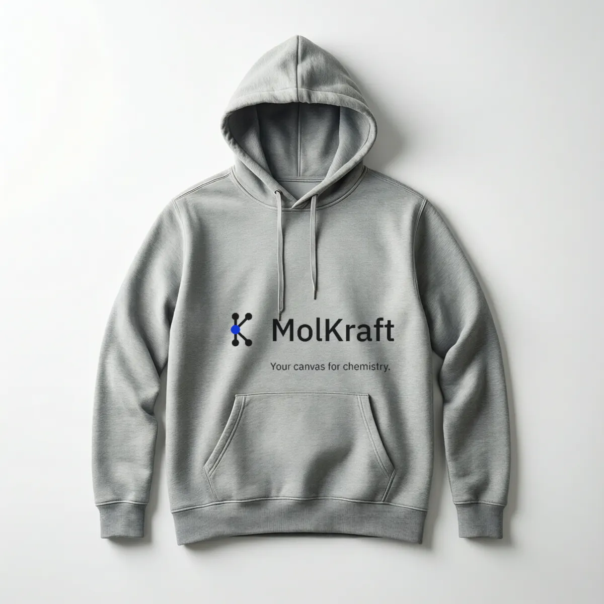 A grey hoodie printed with the MolKraft logo and Your canvas for chemistry.