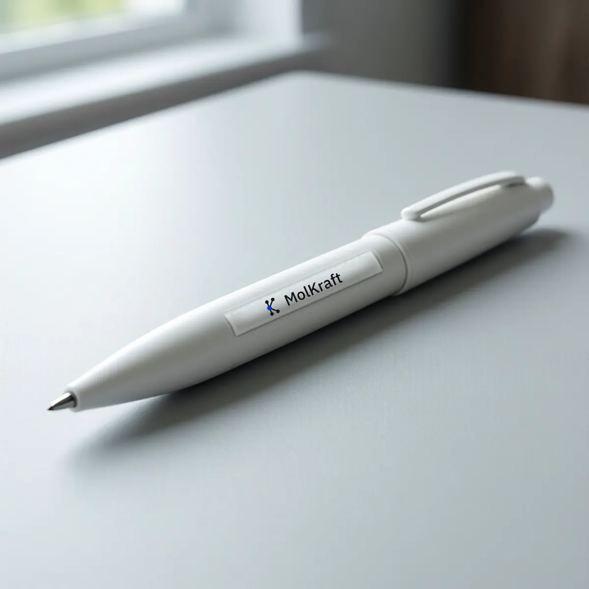 A white pen printed with the MolKraft logo.