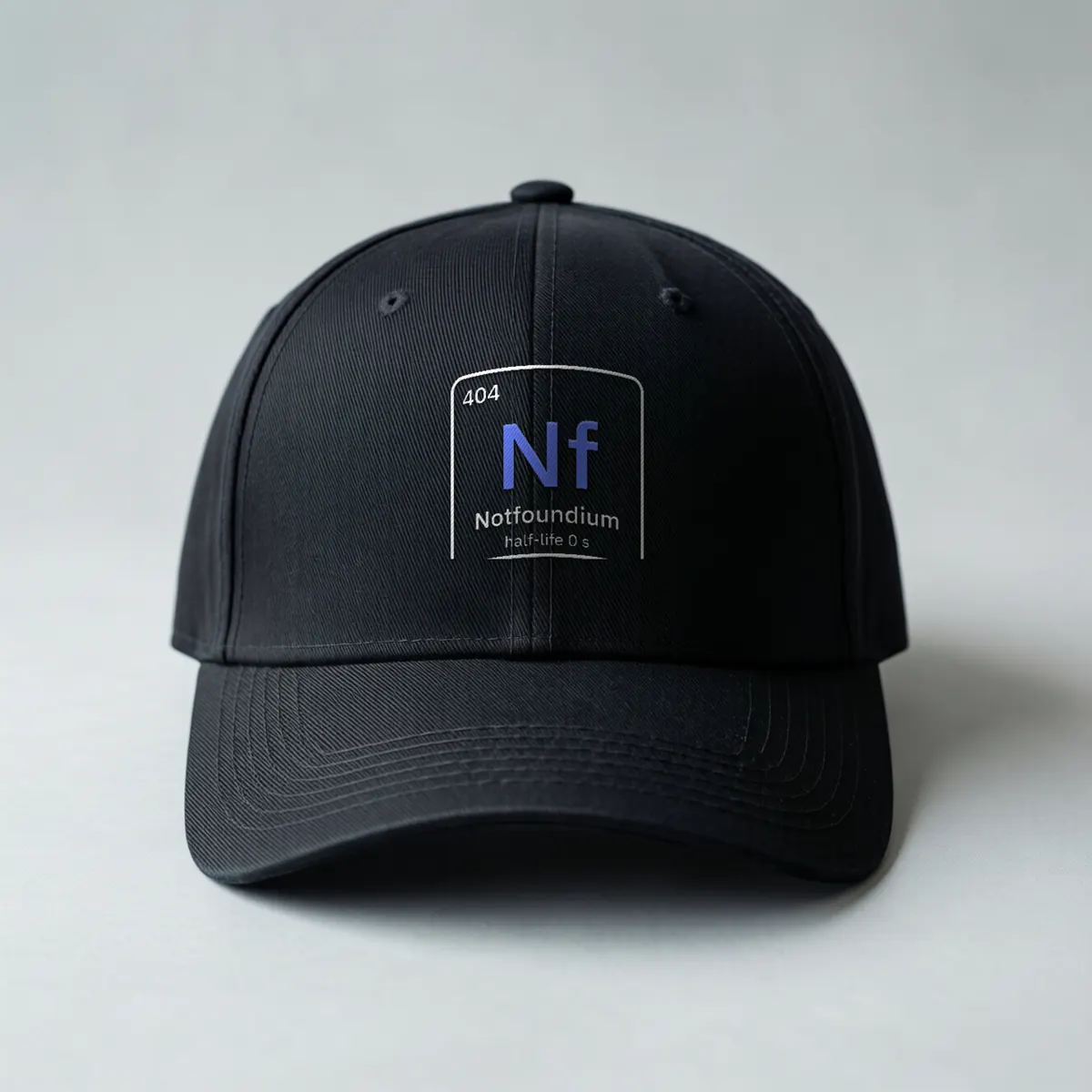 A black cap with the Notfoundium element tile, 404 Nf, embroidered on the front.