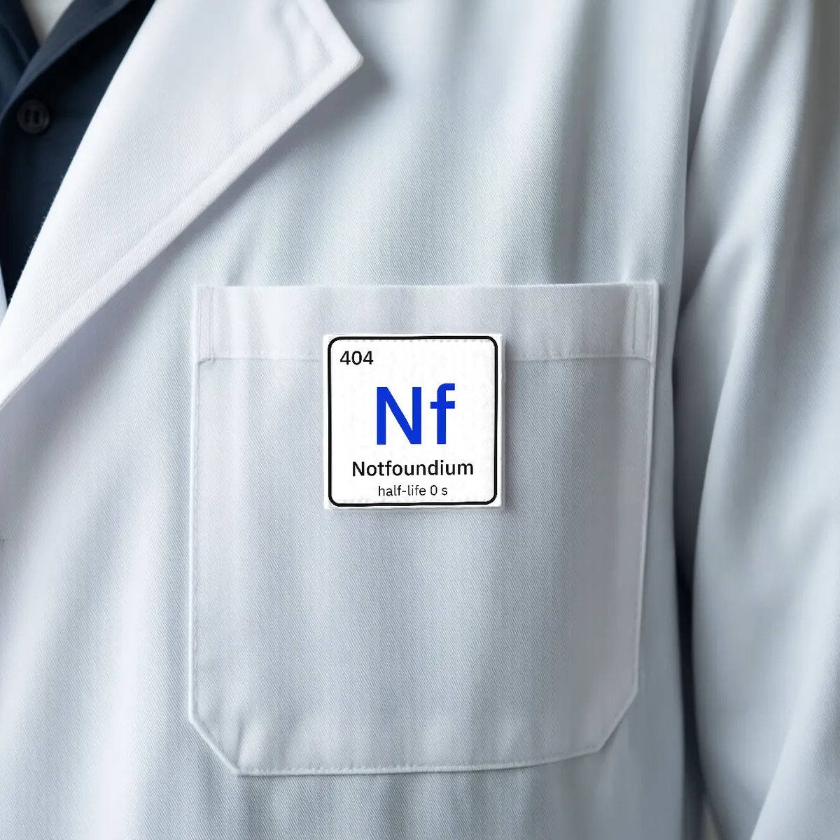 A white lab coat pocket with a Notfoundium element tile patch.