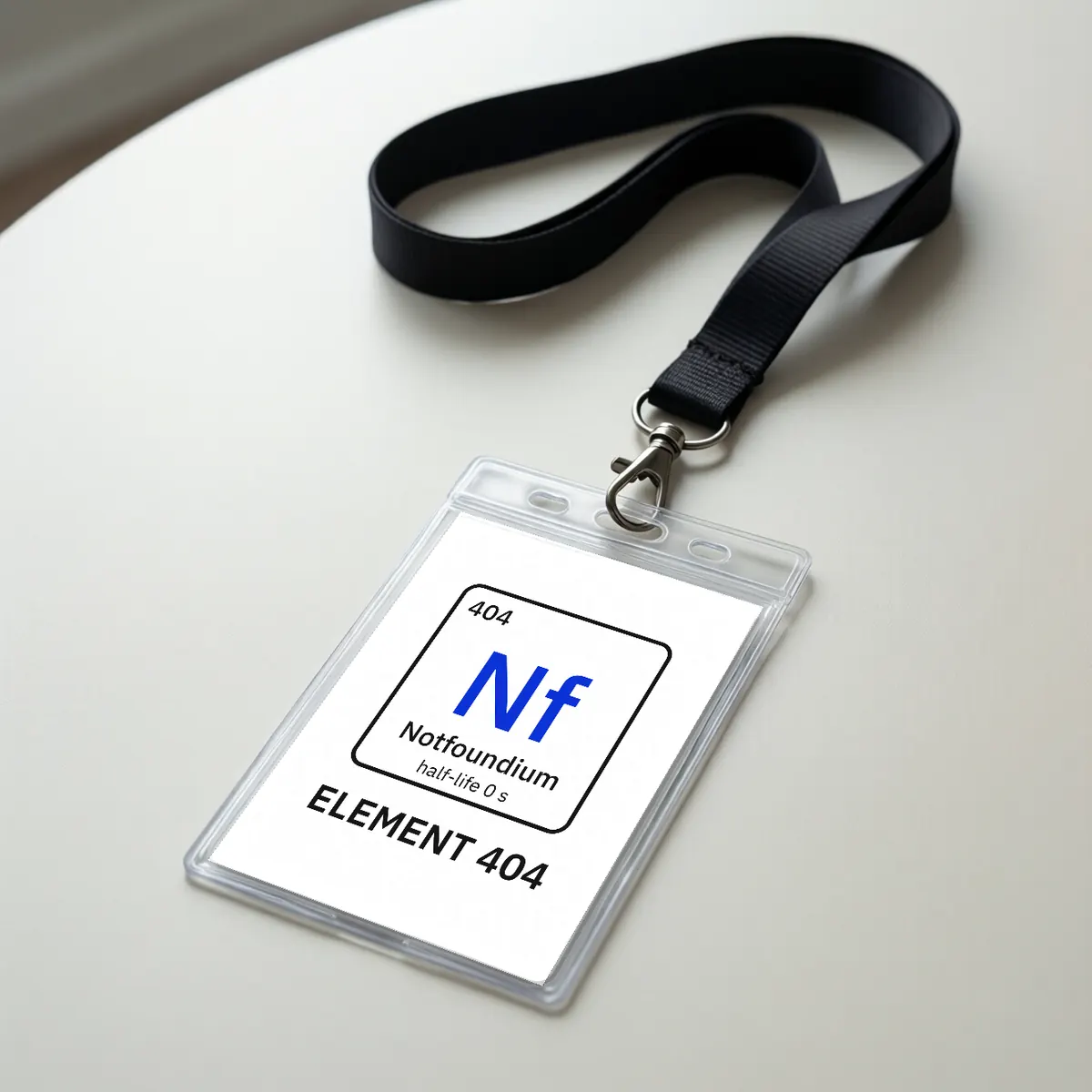 A lanyard badge with the Notfoundium element tile and ELEMENT 404.
