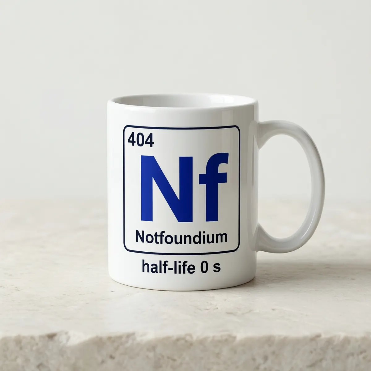 A white ceramic mug printed with the Notfoundium element tile and half-life 0 s.