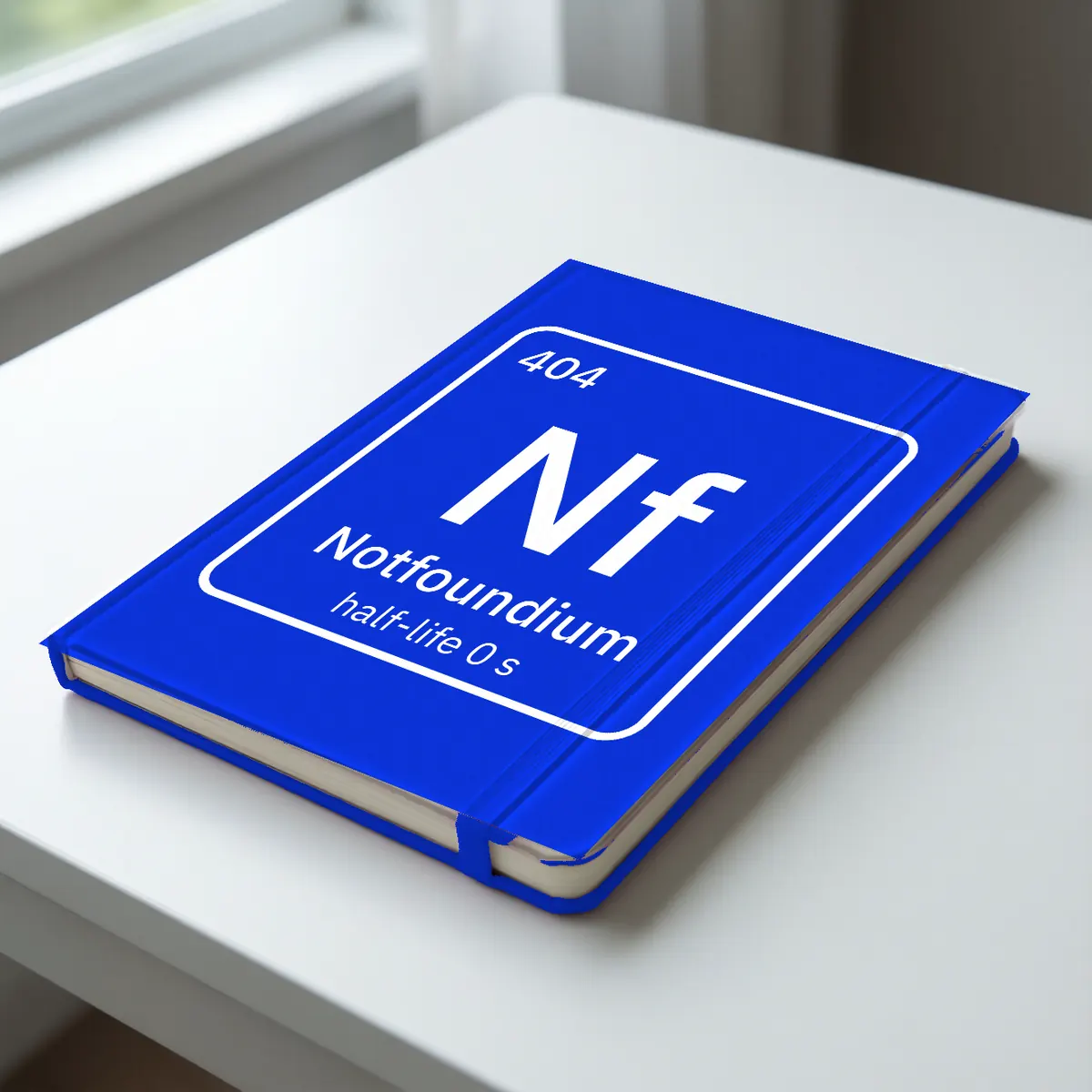 A cobalt blue hardcover notebook with the Notfoundium element tile in white.