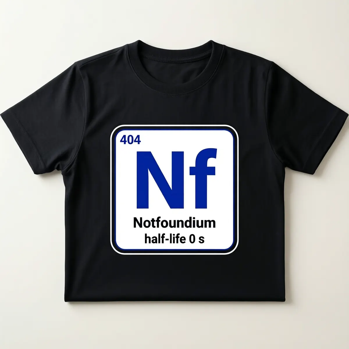 A black t-shirt printed with the Notfoundium element tile.